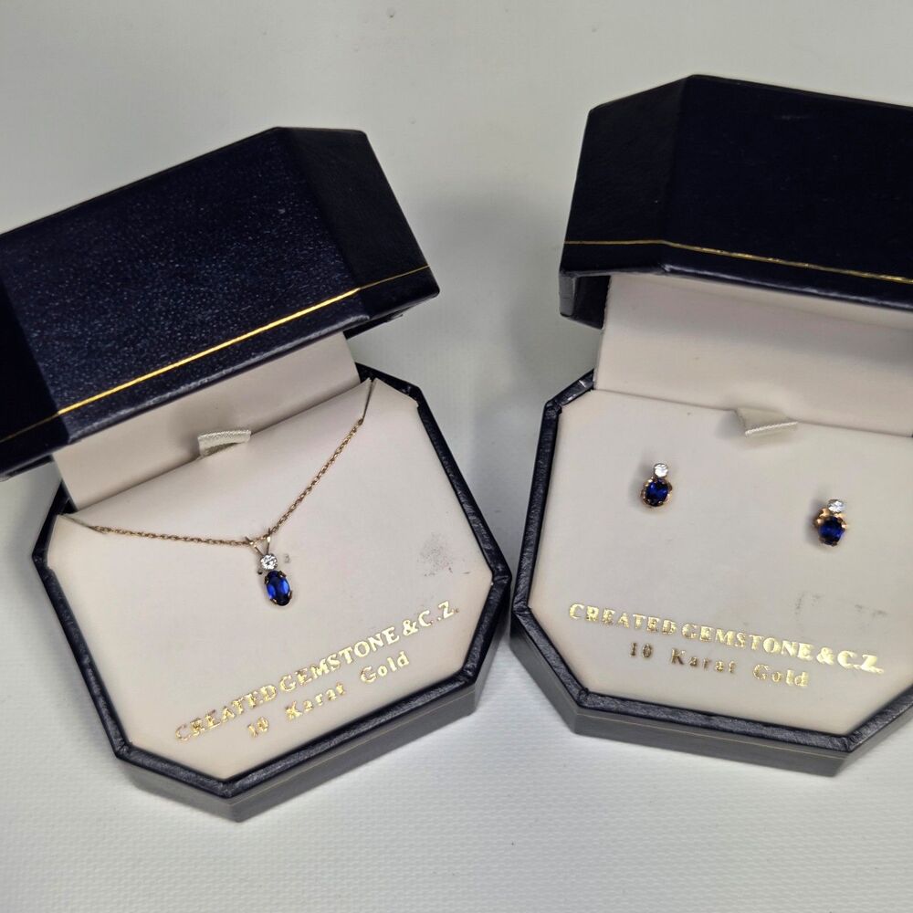10 Karat Gold Blue Sapphire & Cubic Zirconia Necklace and Earrings Set